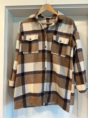 Noisy May Brown and Cream Plaid Button-Down Shacket